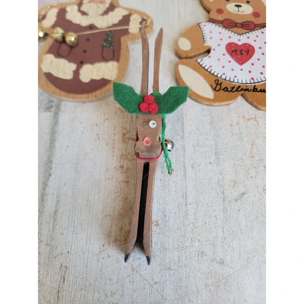 Vintage Santa Claus Bell reindeer wooden ornament Xmas set unique